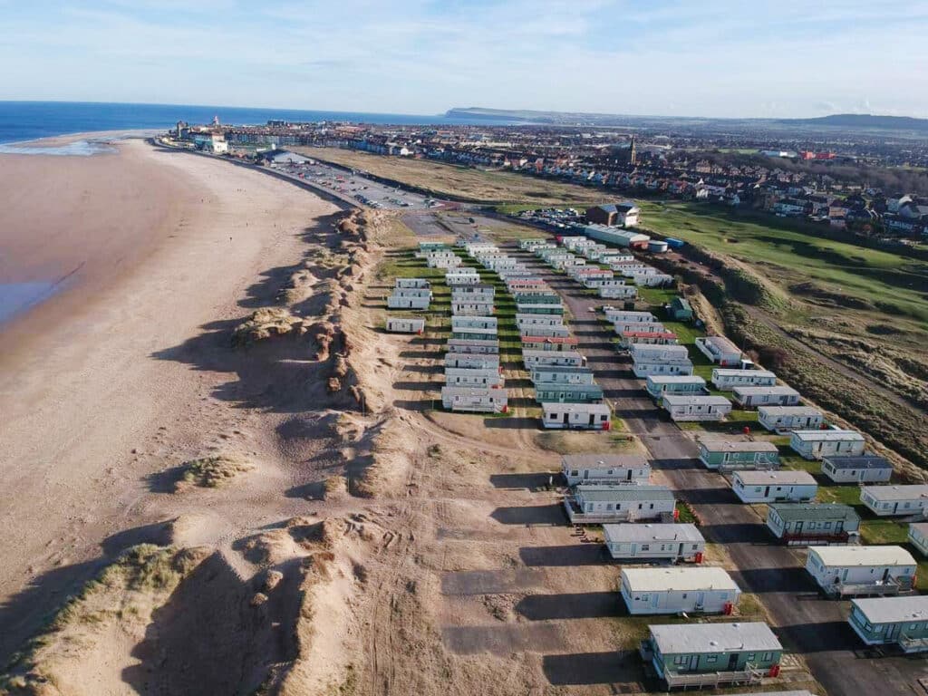Static caravan at Redcar Beach Caravan Park with views of the North Yorkshire coastline.