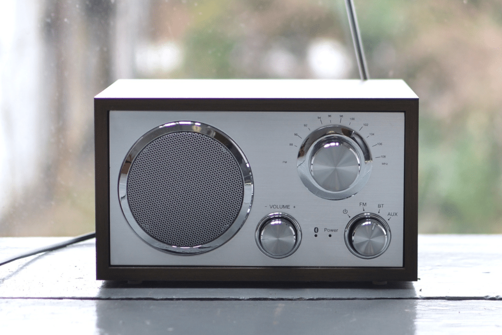 Vintage-style radio on a table to decorate your static caravan and create a cozy, homely atmosphere.