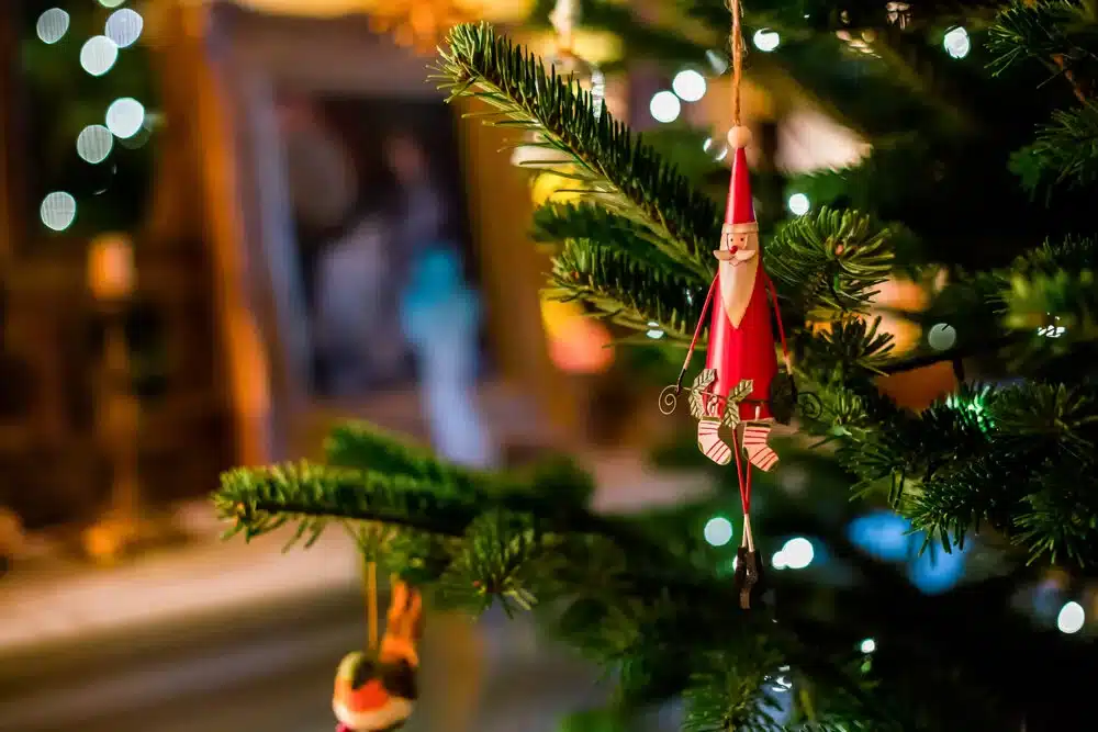 Santa ornament hanging on a Christmas tree at North Yorkshire Christmas Events 2025.
