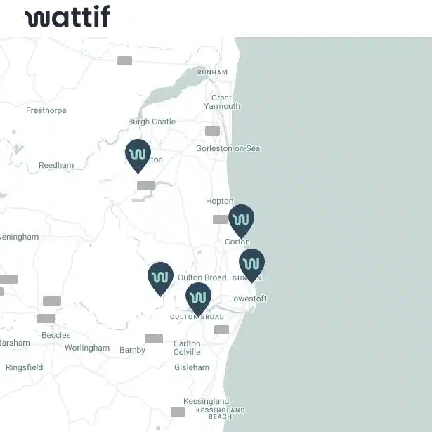 Map showing Wattif EV charging locations across Tingdene sites in Norfolk and Suffolk.