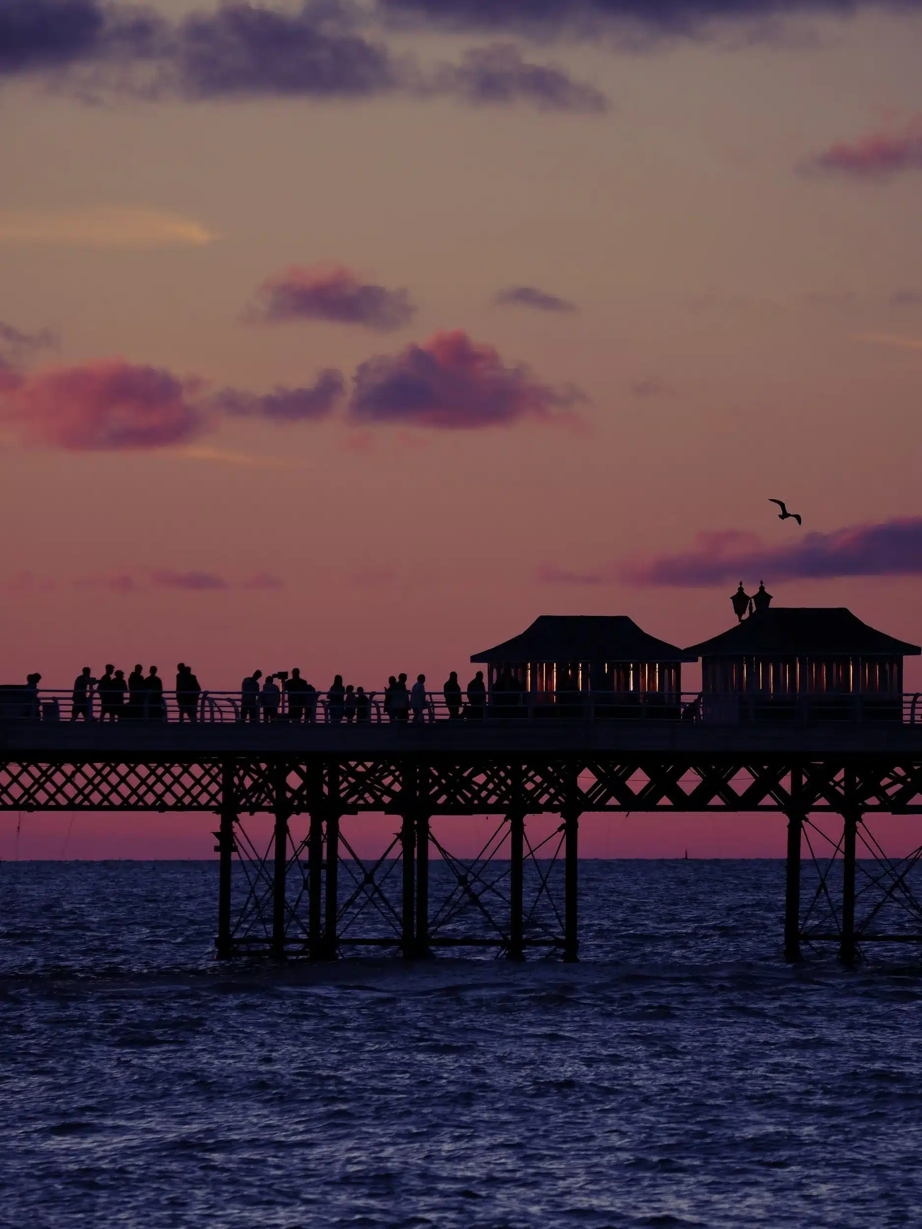 Purple sunset over Cromer Pier with reflections on the water.